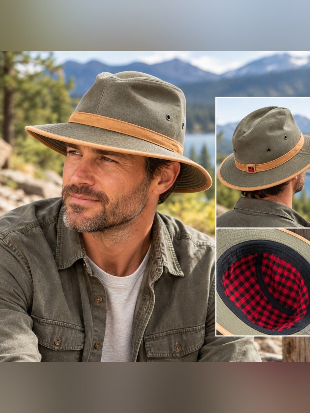 Woolrich Men’s Olive Green Cotton Safari Outdoor Field Hat Buffalo Plaid Lg Y2K